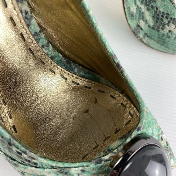 Women's Mimco Size 37 Green Reptile Print Peep Toe Stiletto High Heel Shoes - Picture 9 of 10